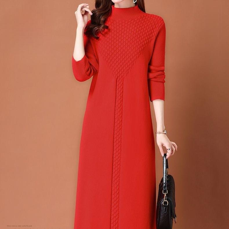 Длинный свитер Женское платье длиной до колена Осенне-зимнее платье Женский вязаный свитер свободного кроя Пуловер