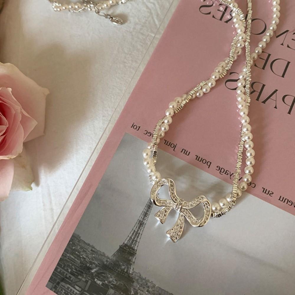 Pearl Silver Bowknot Necklace Pendant Simple Pendant Chain Temperament Bow Necklace Pendant Daily