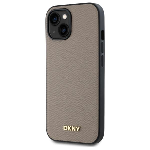 Etui do iPhone 15 DKNY Grained Metal Logo MagSafe Beżowe