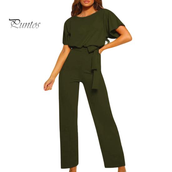 Женский комбинезон с поясом на шнуровке, широкие штанины, короткие рукава, однотонный цвет, О-образный вырез, высокая талия, повседневный деловой длинный комбинезон