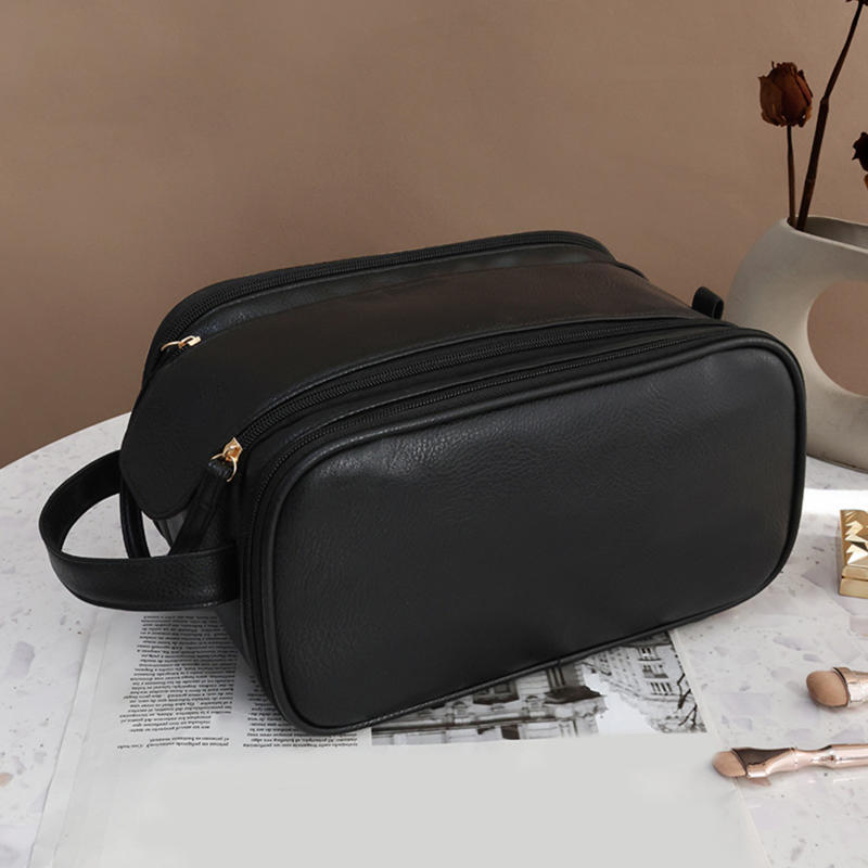 Дорожная косметичка из искусственной кожи, большая вместимость, многофункциональные косметички, переносная сумка для хранения косметических принадлежностей с двойной молнией и кисточками