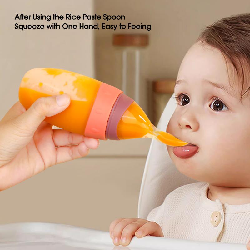 100ml Liquid Silicone Baby Feeder Rice Paste Fruit Puree Toddler Squeeze Feeding Bottle with Dispensing Spoon