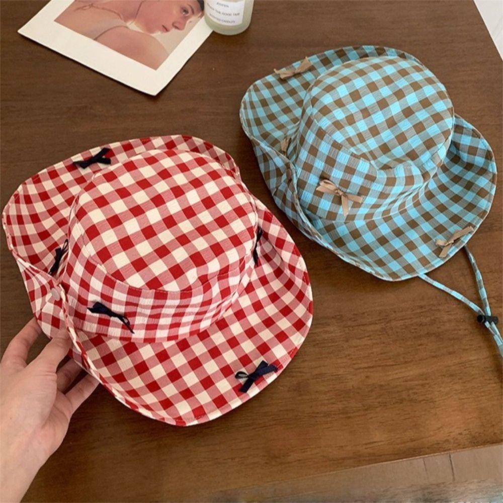 Versatile Hiking Fisherman Hat Sun Protection Bow Bucket Hat Cute Plaid Hiking Cap Outdoor