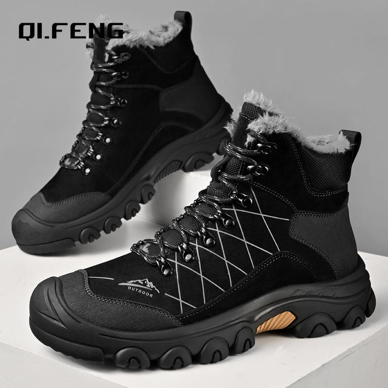 Men's Genuine Leather Outdoor Plush Snow Boots High Top Anti slip Wear Resistant Warm Boots Winter Hiking Large size Sneaker