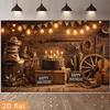 2D flat western cowboy style birthday party banner background with a vintage wood grain themeDJH