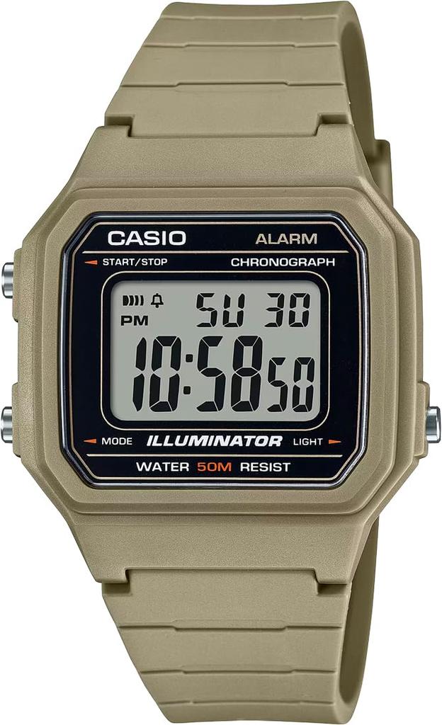 Casio Стандартные цифровые часы W-217H-5AV Мужские Хаки Пластиковый корпус, Зарубежная модель, Водонепроницаемость 5 АТМ
