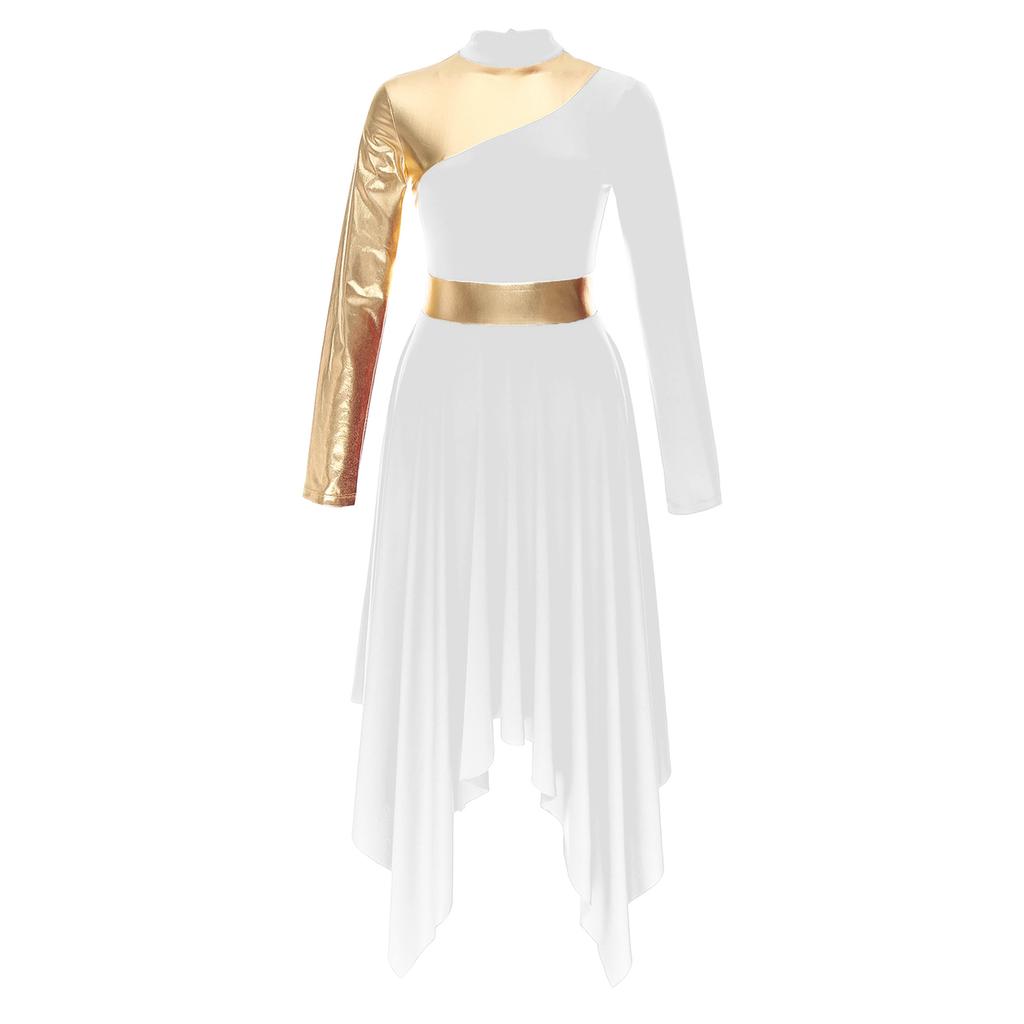 Womens Contrast Color Patchwork Dance Performance Costume Long Sleeve Asymmetrical Hem Dress