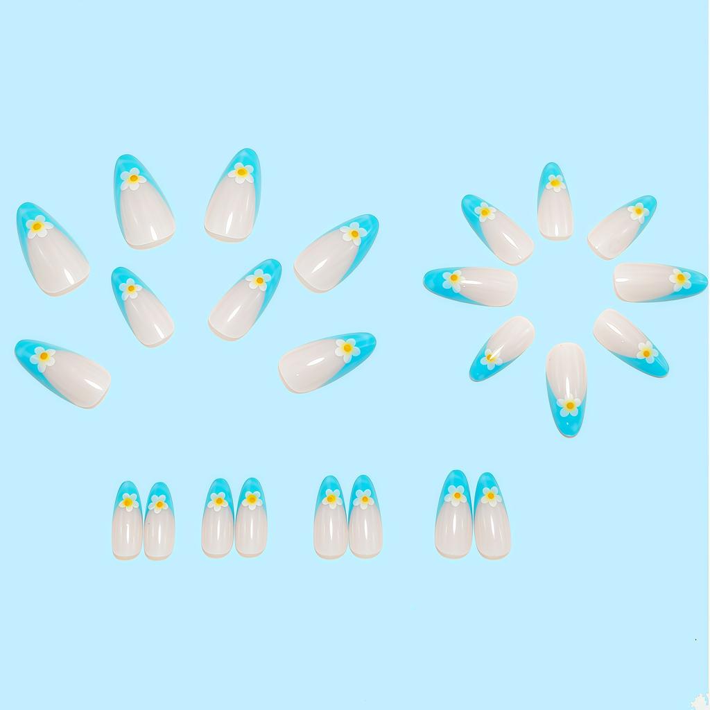 24 Pieces Of Medium-sized Almond-shaped Wearable Nails, Sweet Flower French Manicure, Removable
