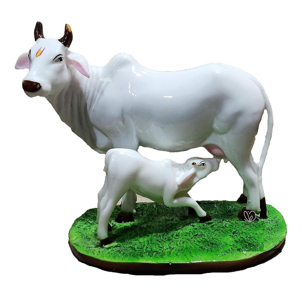 Handicraft Decorative Polystone Cow and Calf Big Statue/Idol for Gift Home Decor 7 Inch (Marble Cow), White