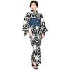 Kyoto Kimono Yuzen Women's Yukata Set (2 Pieces) with Obi (Heko Obi) In Monotone Black (Hemp Leaf Pattern)