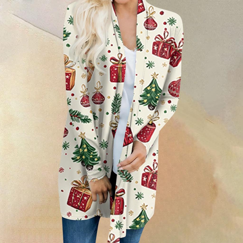 Женский модный и повседневный рождественский принтованный кардиган средней длины с длинными рукавами