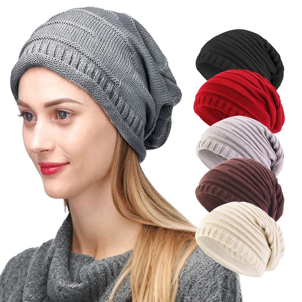Stripe Knit Texture Knit Slouch Hat Solid Color Unisex Beanie Cap New Slouchy Beanie