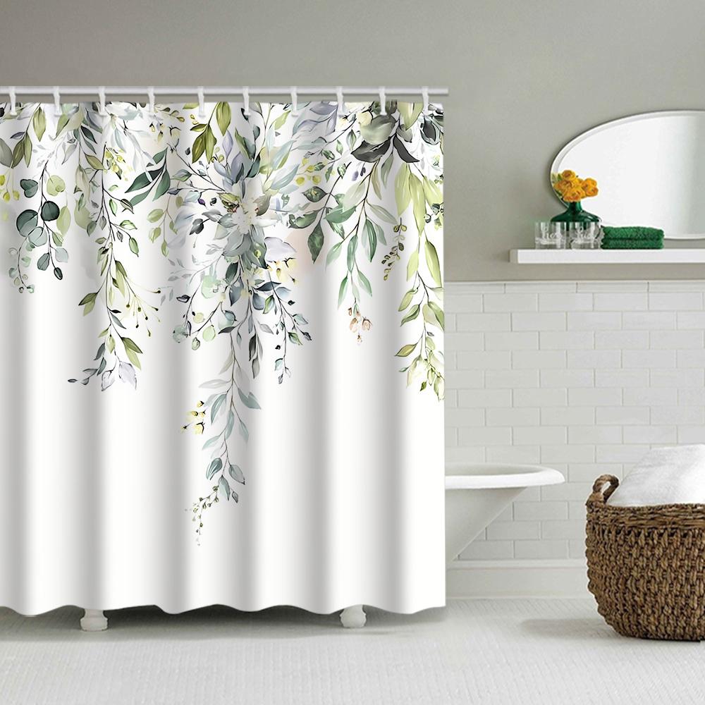 1/4 Зеленые Листья Шторки для Душа, Декор Сиденья для Унитаза, Шторка для Душа с Ковриком и Крышкой для Унитаза, 12 Крючков 70,8X70,8 Дюймов