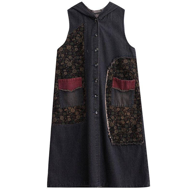 Hooded Long Denim Vest Coat Women's Slim Denim Jacket Retro Style Loose Casual Large Patchwork Pocket Design New Fashion Autumn