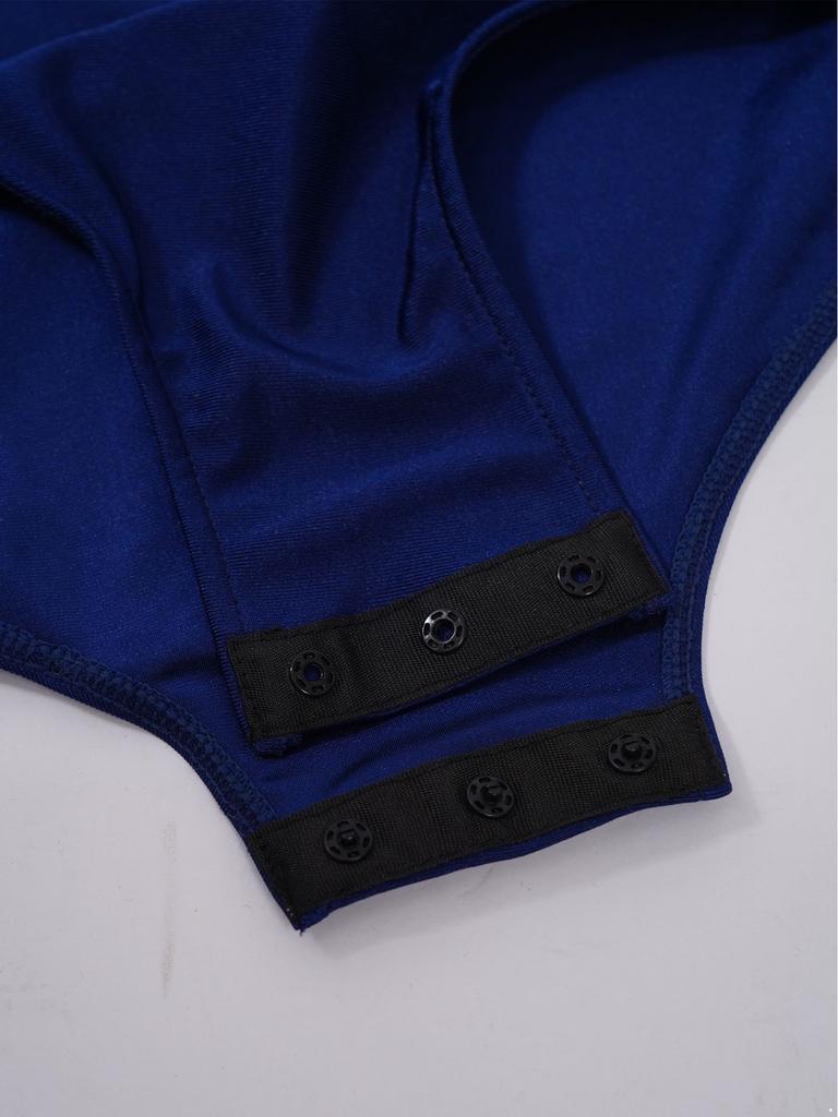 Girls Dance Leotard Sheer Mesh Long Sleeves Mock Neck Keyhole Back Metallic Stripes Buttons Bodysuit Costume