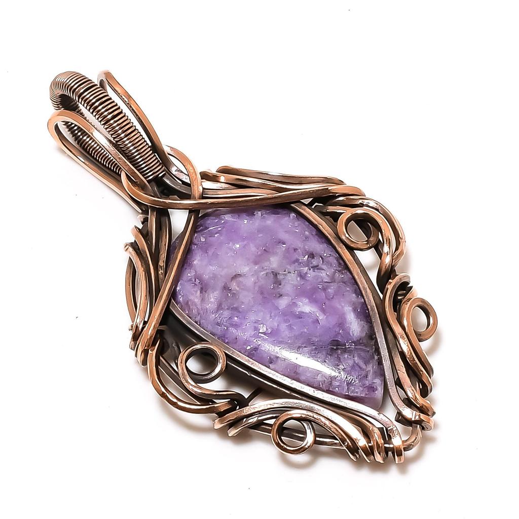 Подвеска из лепидолита, Драгоценный камень, Ювелирная подвеска, обернутая медной проволокой 999 пробы, Ювелирное изделие ручной работы, Подвеска с камнем-талисманом, Подарок для него