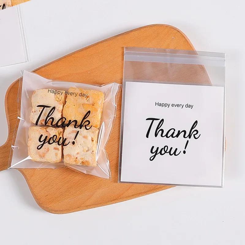 100pcs Plastic Gift Bags Thank You Cookie Bag Wedding Birthday Party Gatherings Biscuit Baking Home Packaging Self-Adhesive Bag