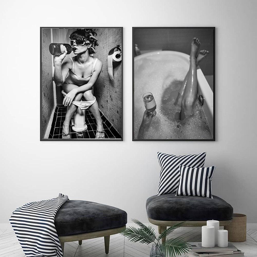Современный туалет, сексуальная женщина, принты на холсте, девушка в баре, пьющая ванная комната, постеры с изображением, модный черный, белый цвет, картина с изображением шампанского, декор