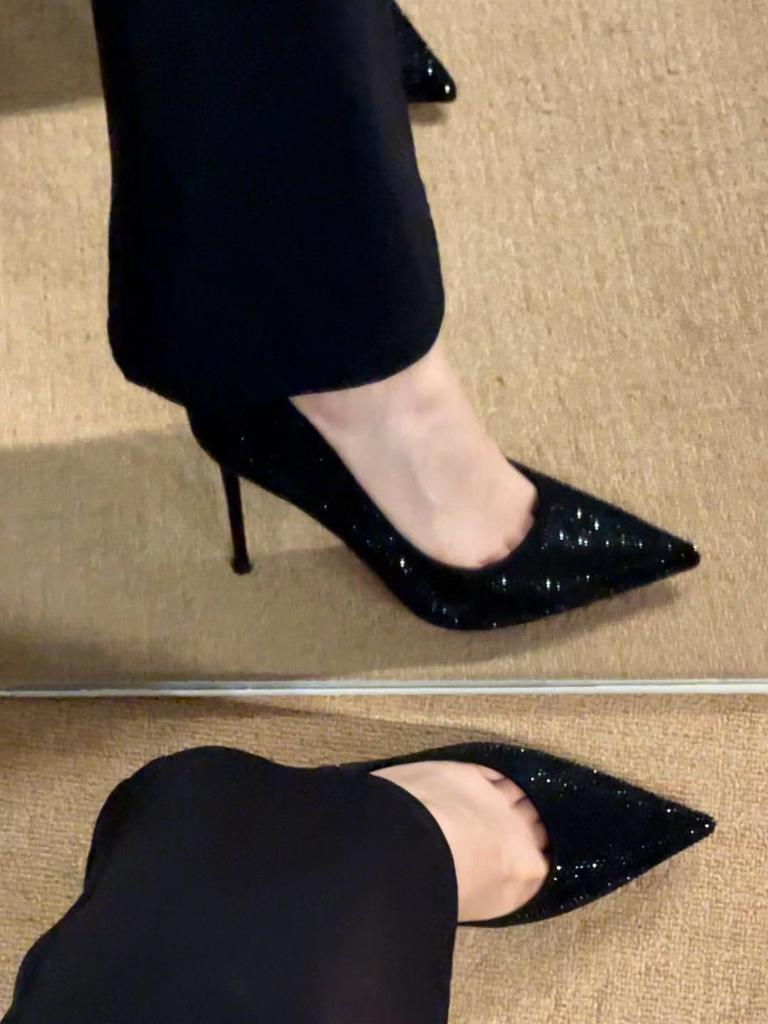 Черные туфли на высоком каблуке с красной подошвой, женские туфли-шпильки, осень-зима 2025, новые свадебные туфли с блестками и кристаллами, остроносые, профессиональные, сексуальные, одинарные туфли