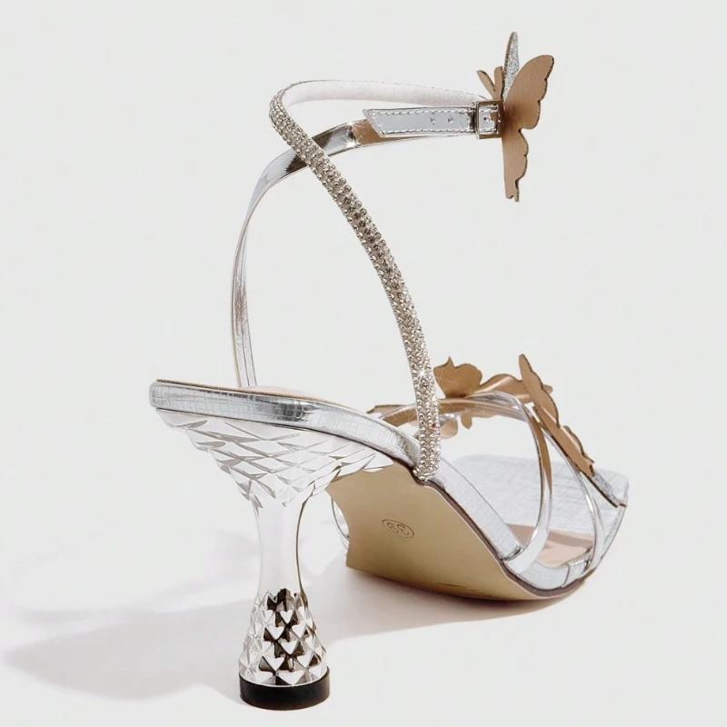 Fashion Luxury Bling Bow Decoration High Heeled Sandals Women Fashion Silver Square Toe Ankle Buckle Heels Elegant Wedding Bridal Shoes