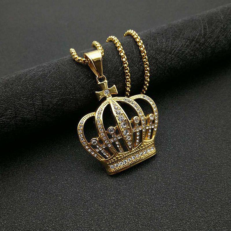 New Men's Hip Hop Gold Silver 316L Stainless Steel Plated Iced Out Crystal King Crown Pendant Necklace Fashion Jewelry Gift