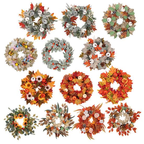 Autumn Wreath Faux White Pumpkin Maple Leaf Pine Cone Berry Wreath Handmade Farmhouse Wreath Fall Decoration for Home Thanksgiving Harvest Outdoor