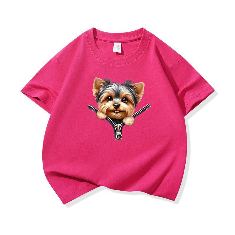 Kids Cotton T Shirt Sweet Yorkshire Terrier Dog Zipper Print Crew Neck Short Sleeve Tee Casual Breathable Boys Girls Summer Tops