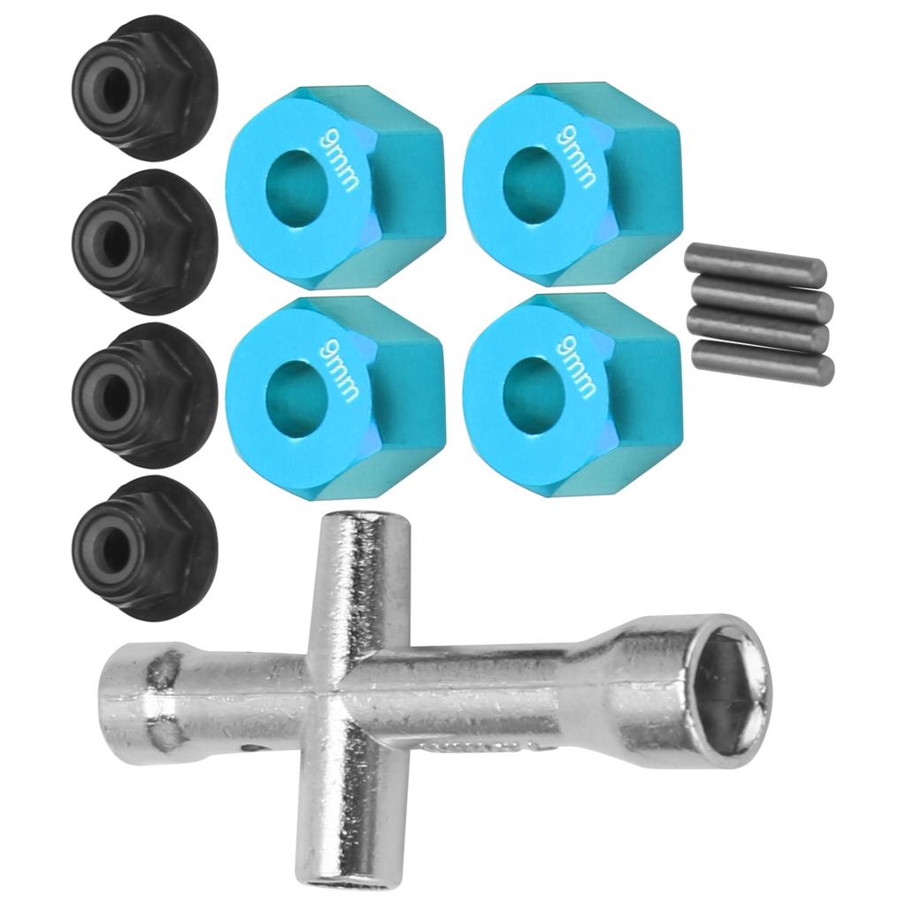 12mm Wheel Hex Hub Adapter 9mm Thick M4 Flange Lock Nuts Cross Wrench Set for 1 10 RC CarBlue