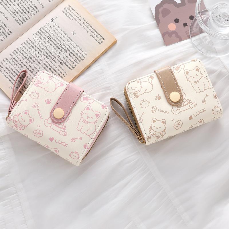 Simple and cute kitten lady buckle change bit portable belt female multi-function short wallet wallet card bag