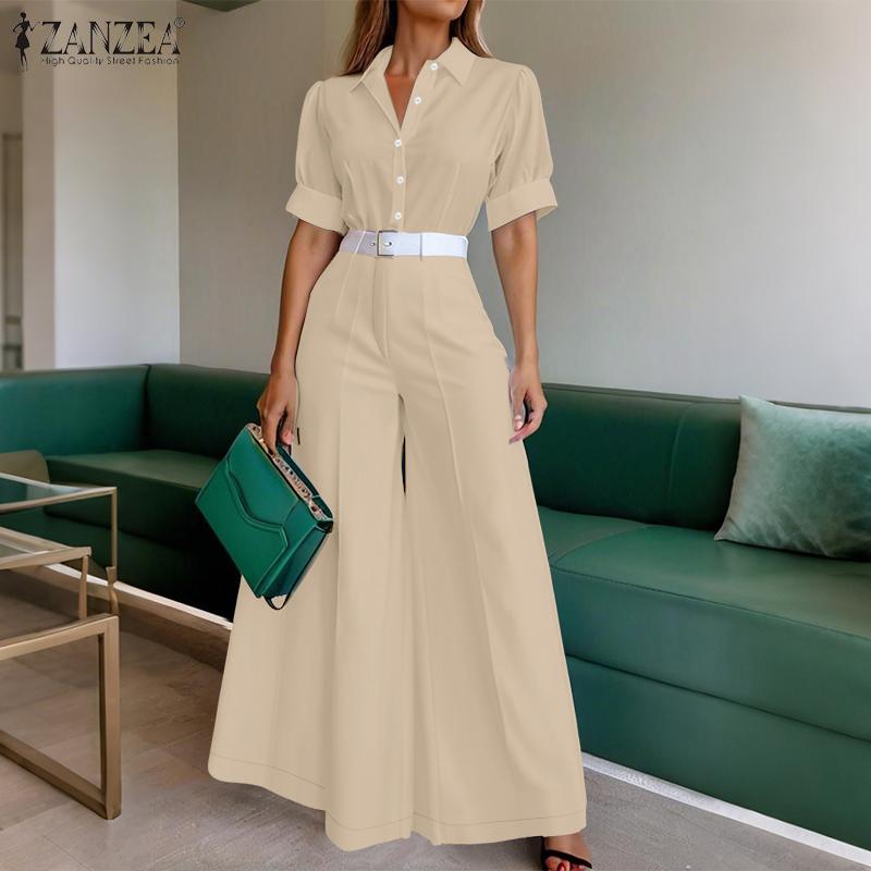 ZANZEA Women Casual Short Sleeve Blouse and Wide Leg Pants Casual Two Piece Suit Sets