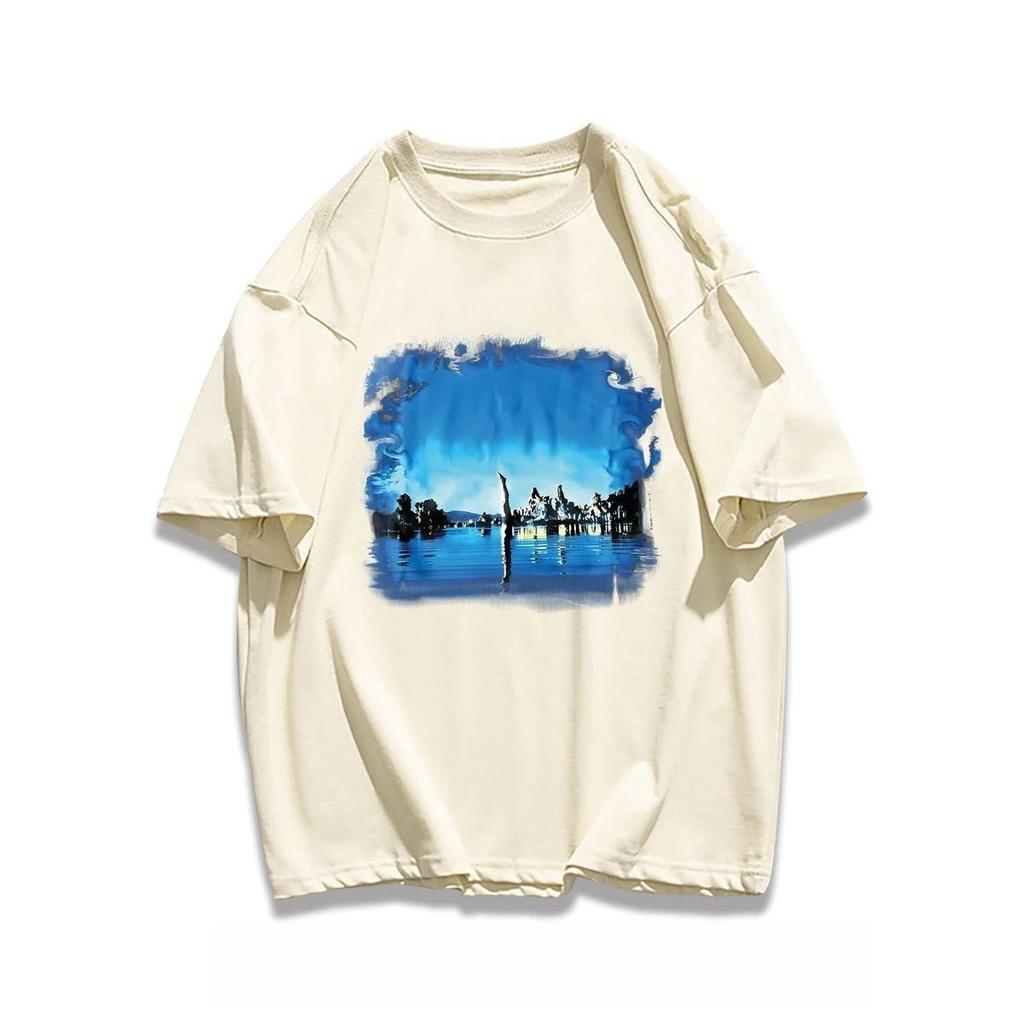 2025 Heavy Pure Cotton American Casual Landscape Printing T-shirt Couple Versatile Loose Trendy Brand Autumn and Winter T-shirt