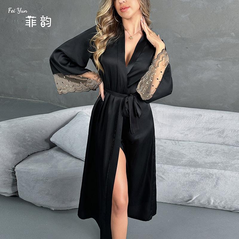 Сексуальный длинный кардиган ночная рубашка пижама женская кружевная сращивание соблазн атласное платье