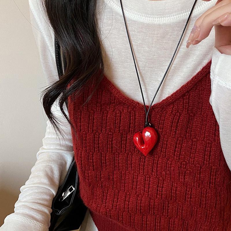 Irregular Heart Pendant Necklace For Women Girls Sweet Adjustable Pull-Out Sweater Chain Jewelry Accessories Gifts