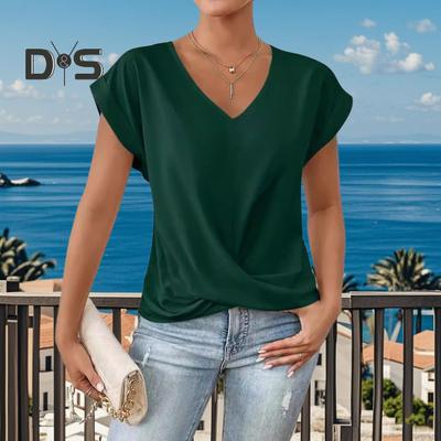 Женские топы с V-образным вырезом, коротким рукавом, с рисунком морщин, однотонные свободные топы с перекрестными складками, повседневная одежда