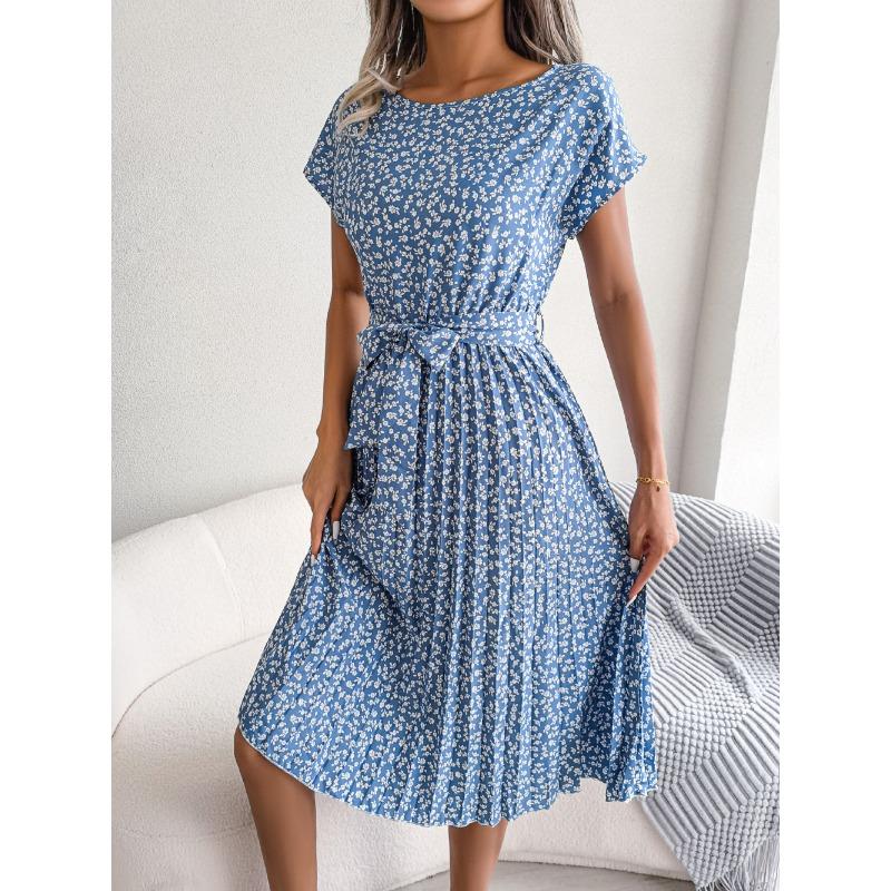 Ins Style Spring and Summer New Casual Short-sleeved Floral Large Swing Pleated Skirt European and American Women's Clothing