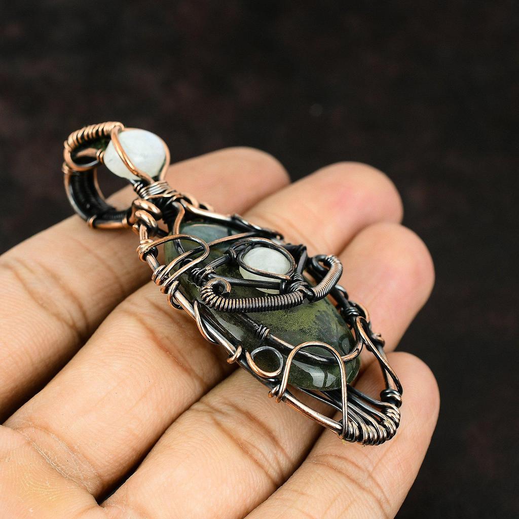 Подвеска из драгоценного камня сглаза, медная обертка, подвеска ручной работы, кулон с радужным лунным камнем, ювелирные изделия от сглаза, подарок для нее, медные украшения