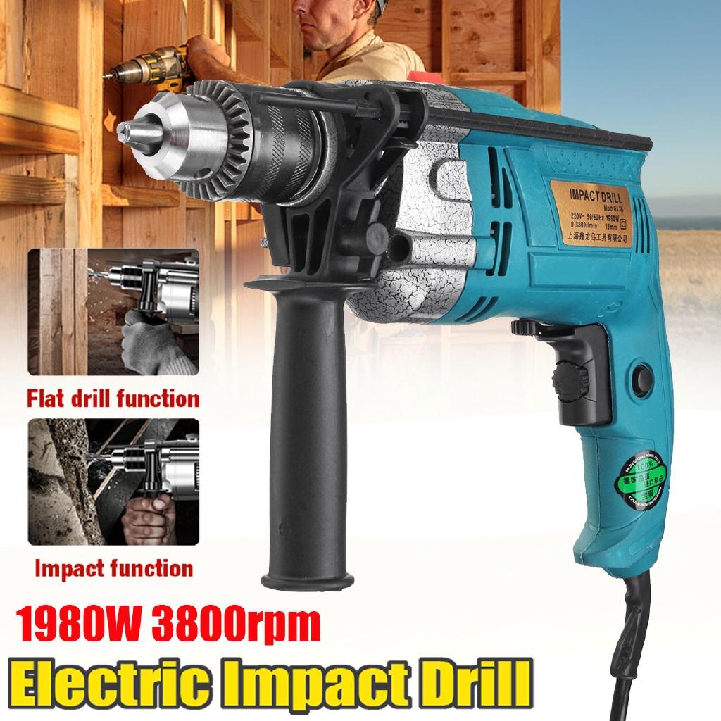 220V 1980W 3800RPM Electric Impact Drill Household Electric Flat Drill Woodworking Power Tools