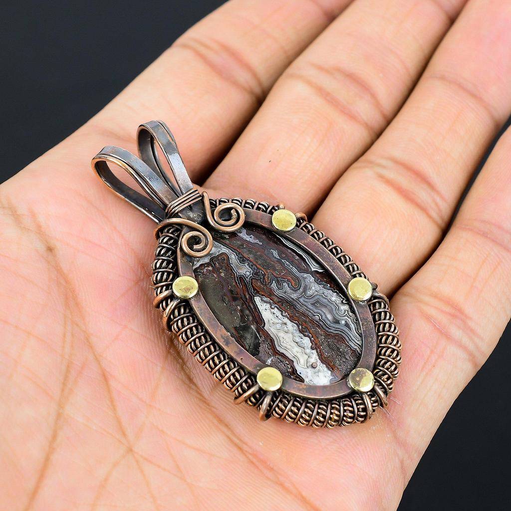 Сумасшедший кружевной агат, драгоценный камень, чистая медная проволока, обернутая подвеской ручной работы, ювелирные изделия