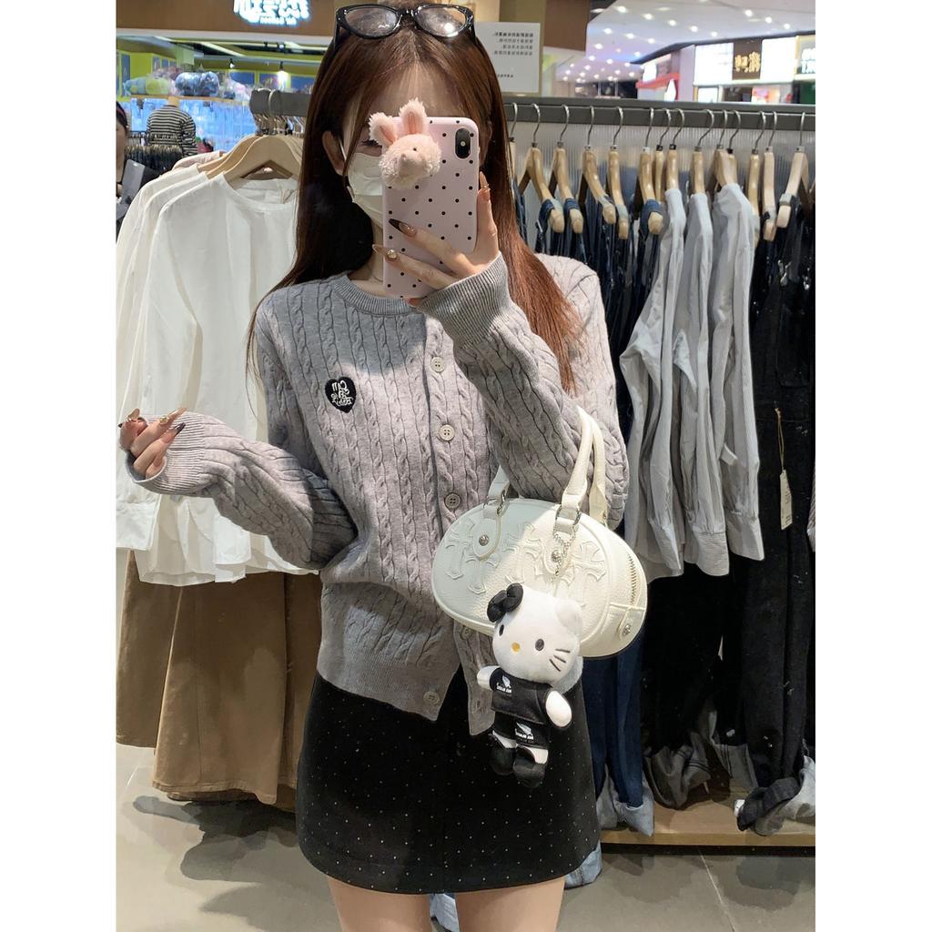 Темно-синий белый свитер с круглым вырезом, переплетением и вышивкой для женской весны и осени, свитер-жакет с небольшим дизайном