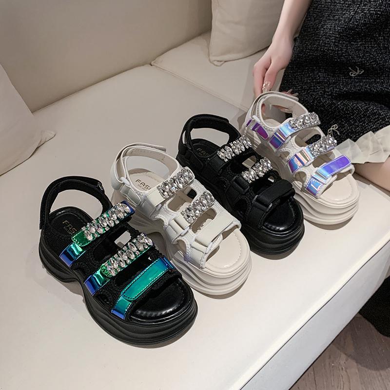 Fashion Women Summer Platform Bling Sandals Breathable Wedges 9CM High Heels Ladies Crystal Beach Slippers Chunky Shoes Sandalias Mujer