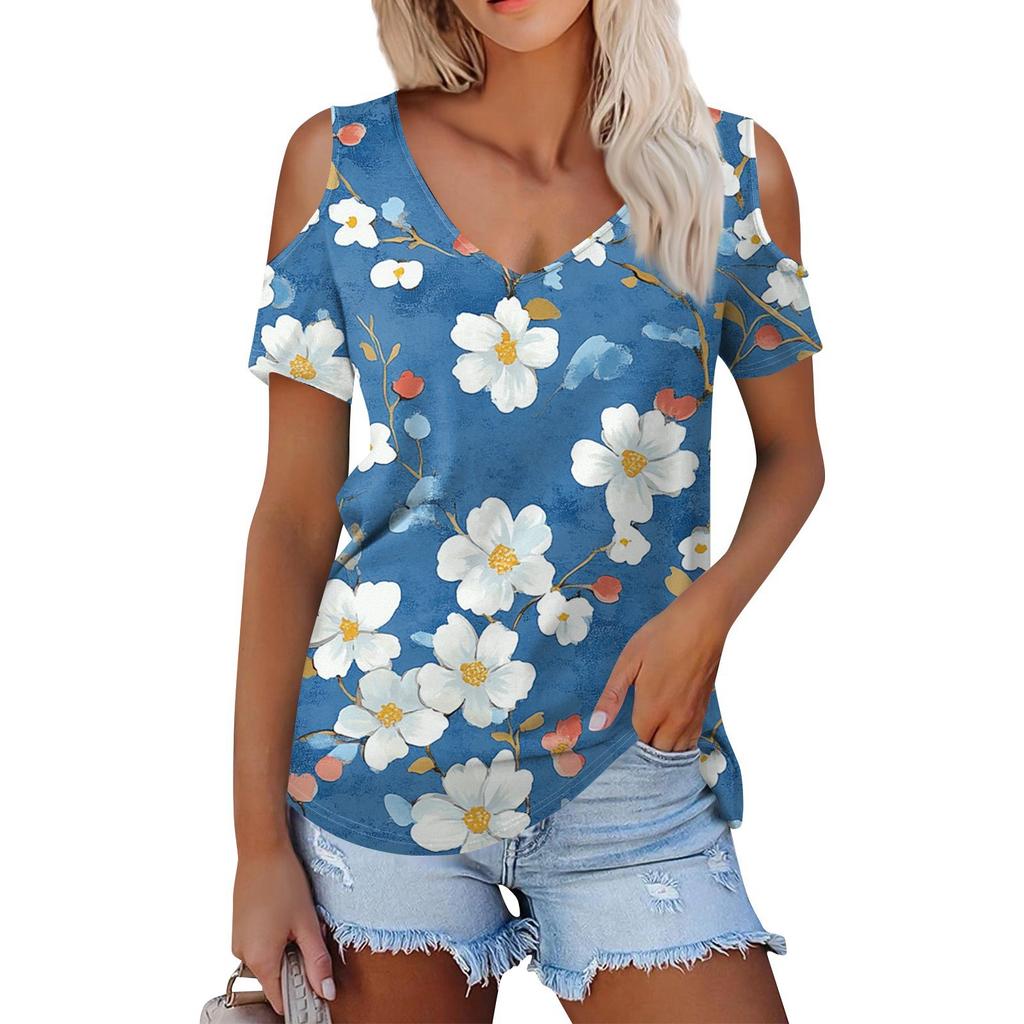 Women's Summer Fashion Casual Floral Print Off-the-shoulder V-neck Short-sleeved T-shirt Top