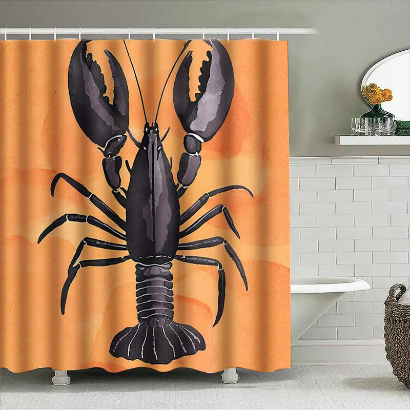 Whimsical Seafood Shower Curtaincrayfish Print Bath Mat Decoration For Bathroom Walls Waterproof Fabric, Orange Color Home Decor