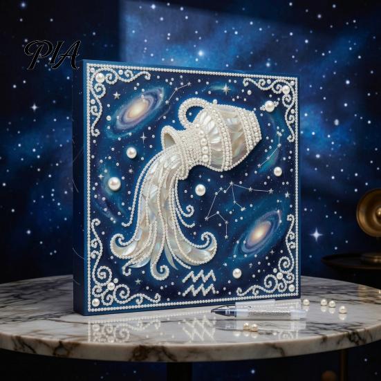 Beginners Faux Pearl Painting Kit DIY Kit, 12 Constellation Rhinestone Art Set for with Wooden Frame Adults Beginners, Handmade Fake Wall Decoration