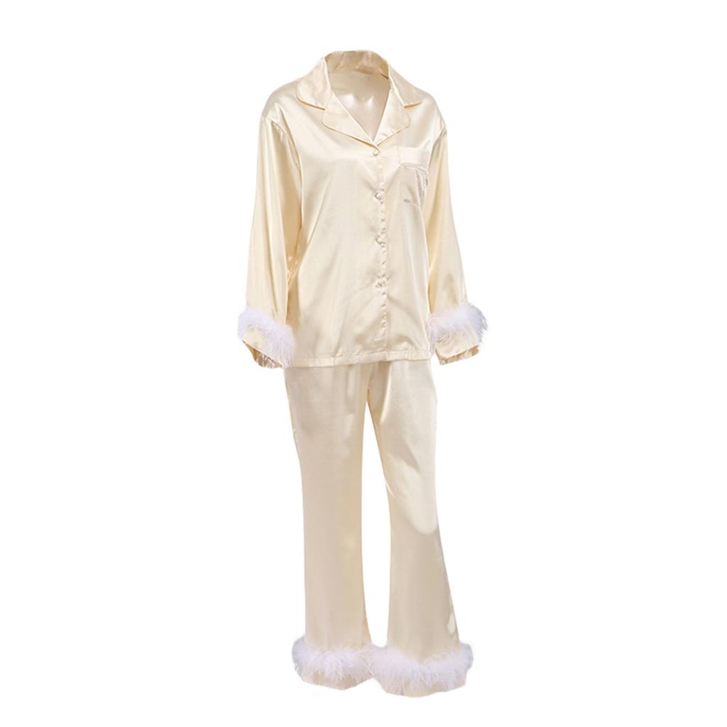 Women's Sleepwear, Feather Decoration Long Sleeve Button-Down Lapel Collar Tops + Pants Pajamas Set