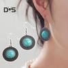 1 Pair Women Hook Earrings Round Shape Retro Bohemian Style Faux Turquoise Stainless Alloy Ear Decoration Jewelry Long Hanging Earrings Dangle