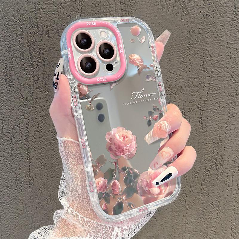 Розовые розы подходят для iPhone16 Чехол для iPhone 15promax Mirror Anti-fall 14 High-end Sense 13