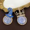 Electroplated Real Gold Medieval Old Blue Enamel Straw Hat Crown Brooch Colored Rhinestone Dress Suit Pin