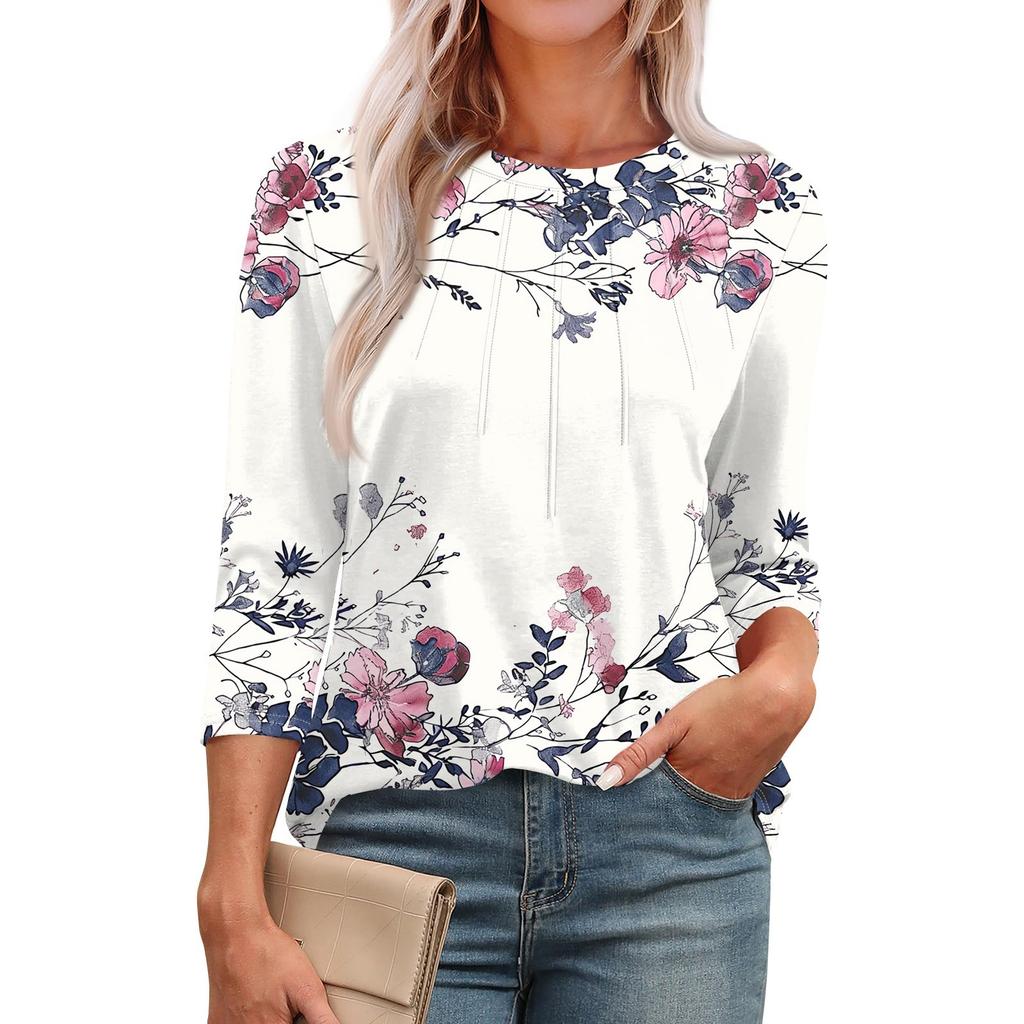 Женская модная повседневная футболка с круглым вырезом и рукавом семь четвертей в стиле ретро с принтом, плиссированная футболка