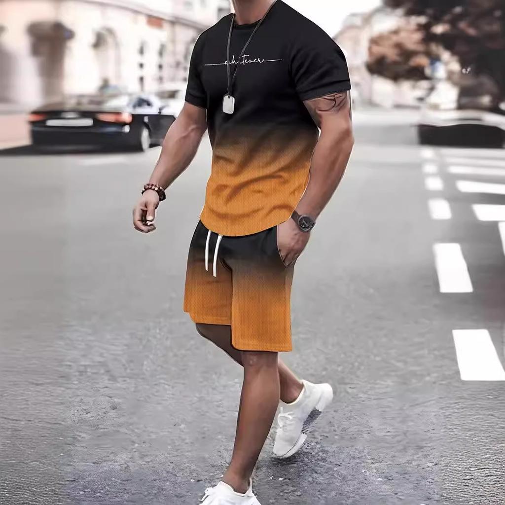 Летние крутые модные мужские шорты с короткими рукавами и градиентом, комплект с простой футболкой с 3D принтом и буквами, мужская уличная одежда из двух предметов, спортивная одежда