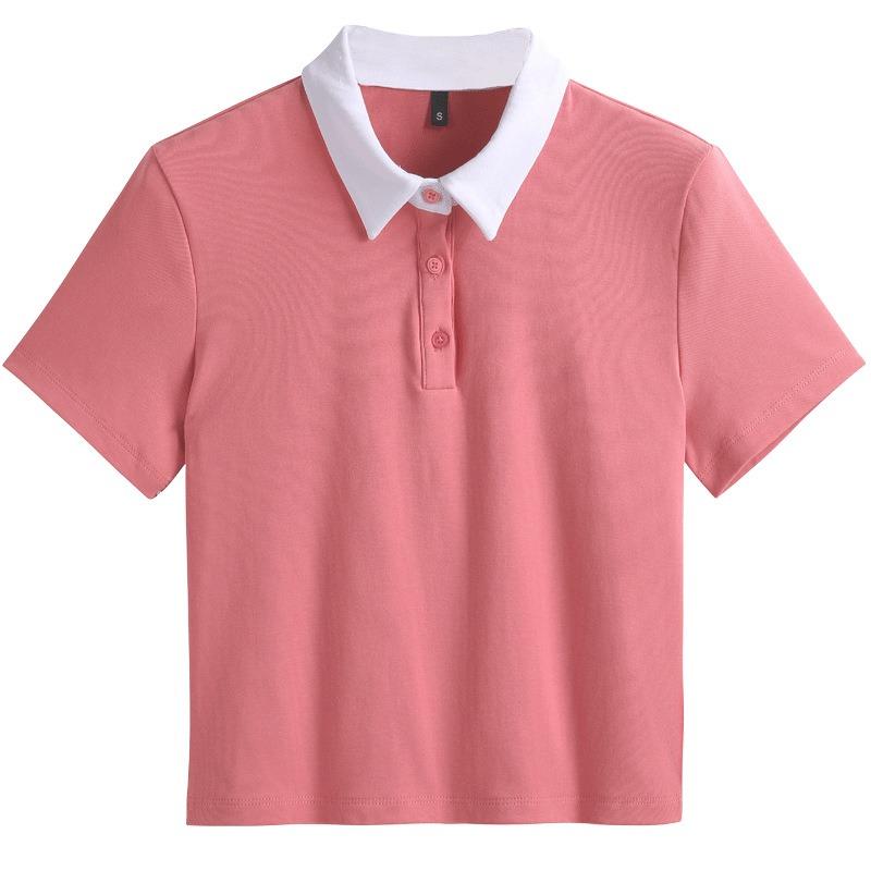 Женская хлопковая футболка весна-лето, рубашка-поло с лацканами, высокая талия, короткая, облегающая, эластичная, хлопковая, топ, модная женская одежда